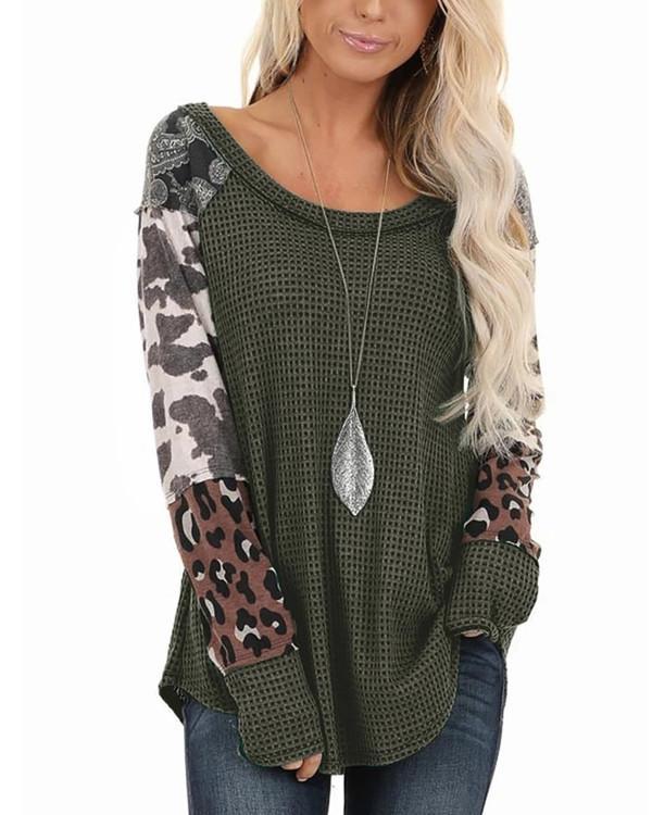 Leopard Patchwork Long Sleeve Scoop Neck Top Sweatshirt