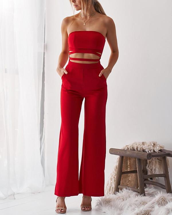 SEXY OFF SHOULDER PLAIN SLIM MIDRIFF BARING JUMPSUIT