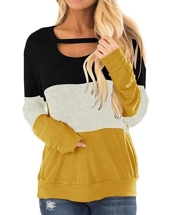 Women Long Sleeve Scoop Neck Stitching Casual Top