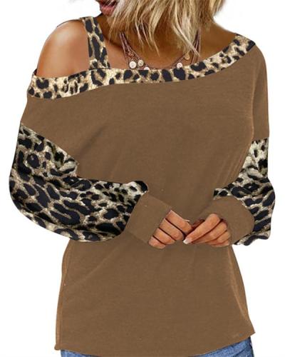 Animal Print One-Shoulder Long Sleeves Casual T-shirts