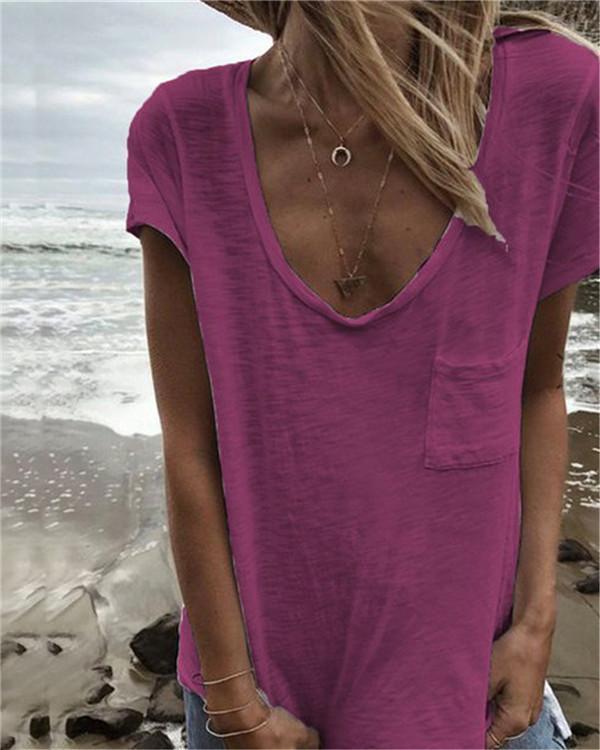 V Neck Casual Pocket Tops Beach Summer Women Holiday Daily Blouse