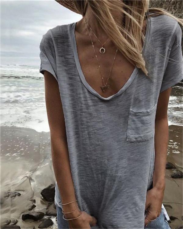 V Neck Casual Pocket Tops Beach Summer Women Holiday Daily Blouse