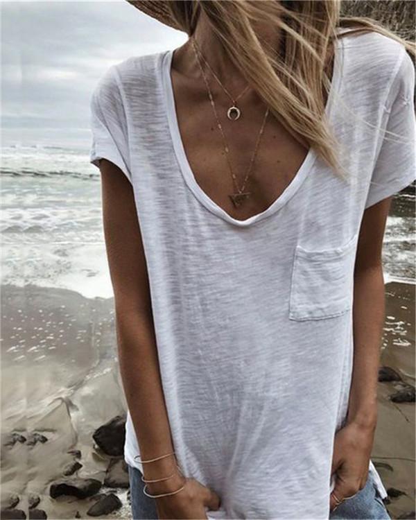 V Neck Casual Pocket Tops Beach Summer Women Holiday Daily Blouse