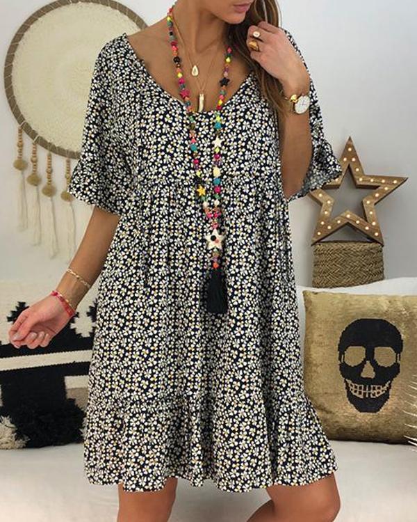 Casual Floral Printed Crew Neck Short Sleeve Plus Size Dress