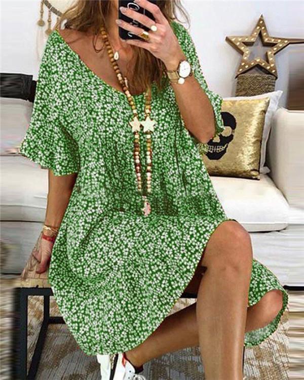 Casual Floral Printed Crew Neck Short Sleeve Plus Size Dress