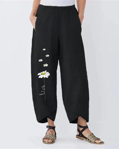 Vintage Daisy Printed Plus Size Casual Women Pants