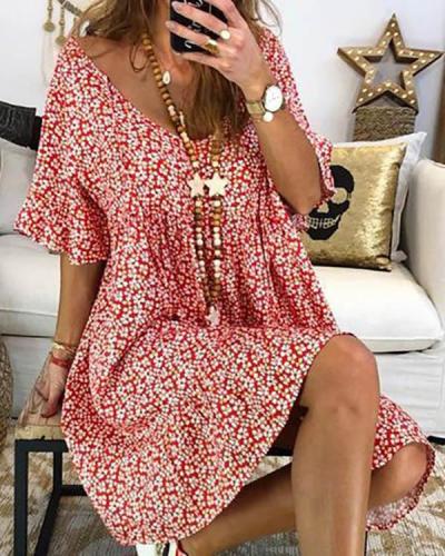 Casual Floral Printed Crew Neck Short Sleeve Plus Size Dress