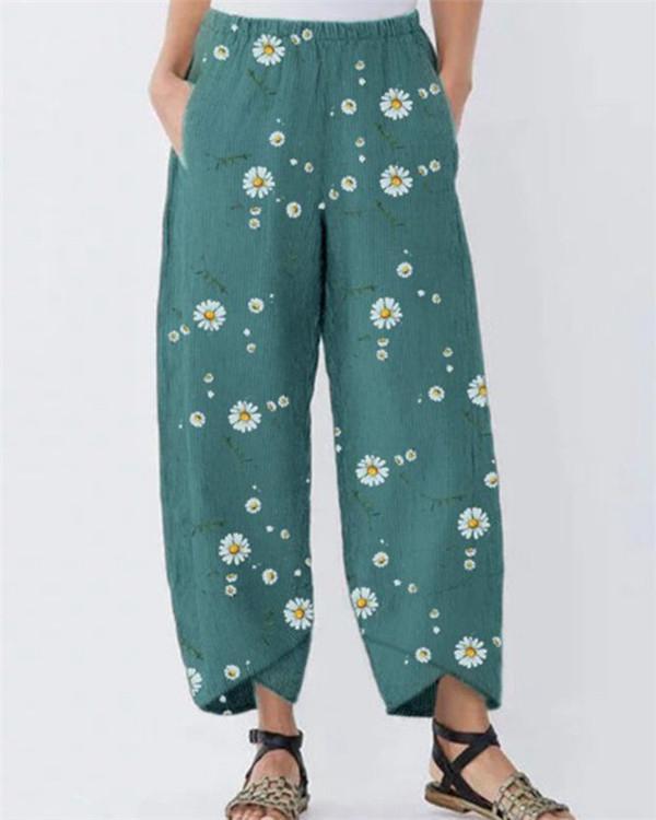 Floral Printed  Loose Cotton and Linen Casual Pants