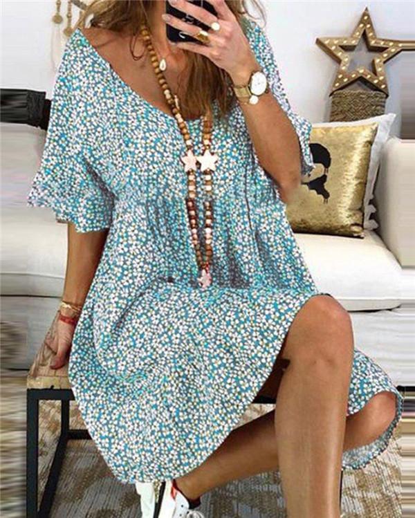 Casual Floral Printed Crew Neck Short Sleeve Plus Size Dress