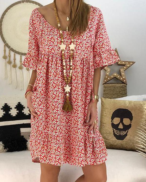 Casual Floral Printed Crew Neck Short Sleeve Plus Size Dress