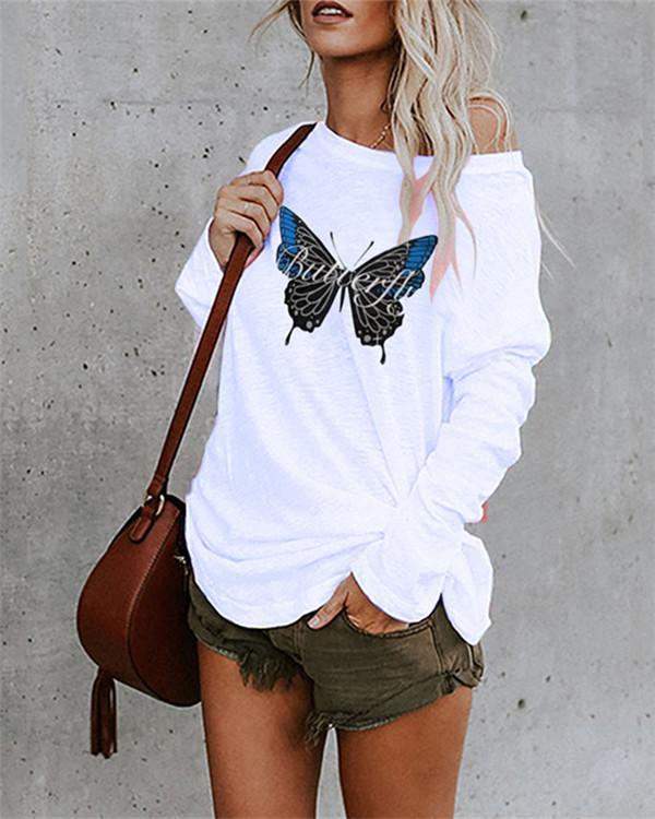 Casual Cotton-Blend Shift Butterfly Print Shirts & Tops