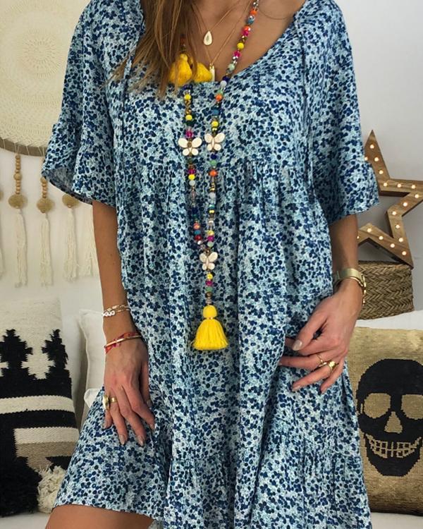 Casual Floral Printed Crew Neck Short Sleeve Plus Size Dress