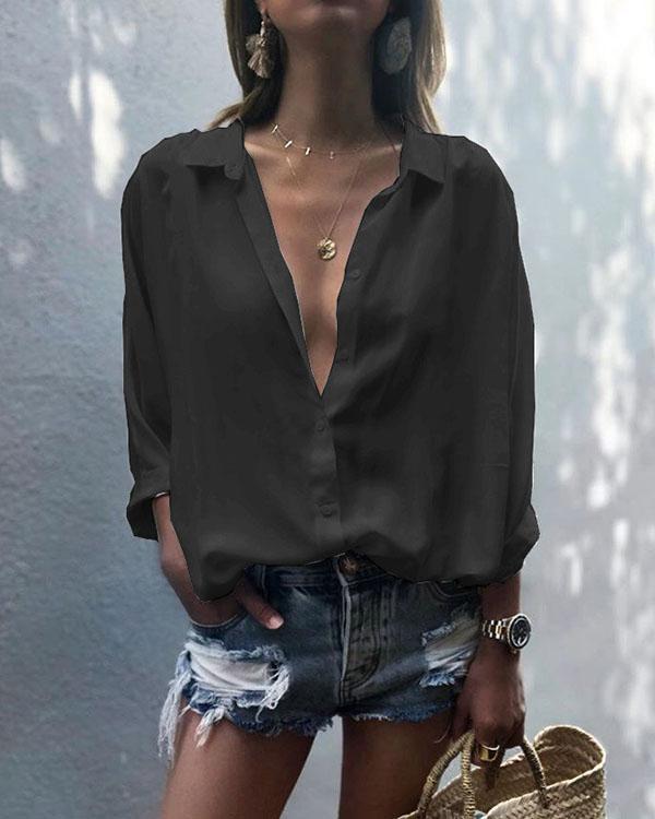 Women's Long Sleeve V Neck Shirt Turndown Collar Chiffon Plain Loose Blouses