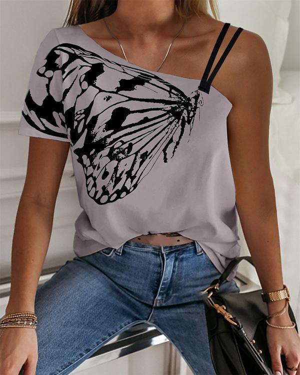 One Shoulder Butterfly Print Casual T-shirt