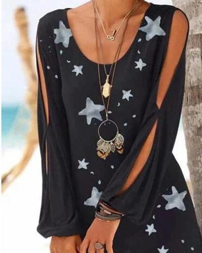 Black Cotton Printed Star Casual Cutout Patchwork Dresses