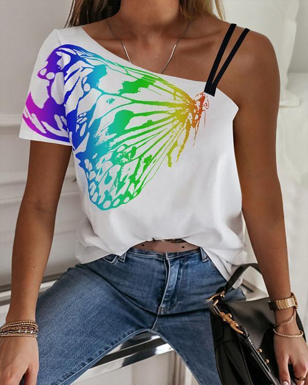 One Shoulder Butterfly Print Casual T-shirt