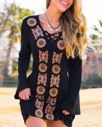 Vintage Boho Geometric Floral Plus Size Long Sleeve V Neck Casual Dresses