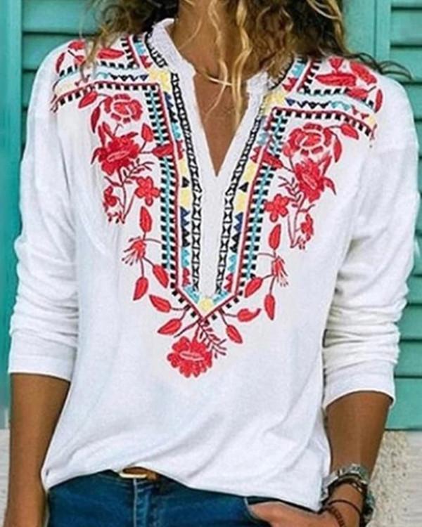 Tribal Printed Long sleeve V neck Blouses