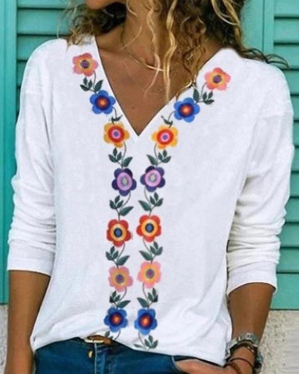 Tribal Printed Long sleeve V neck Blouses