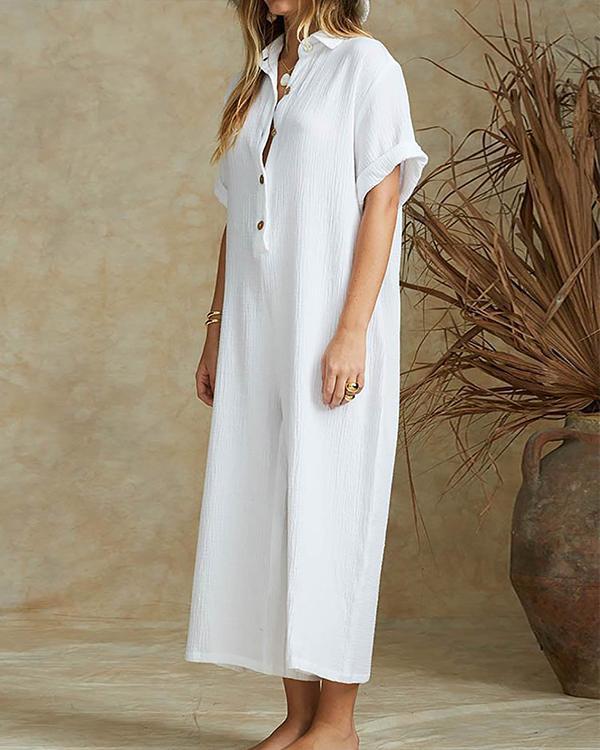 Solid Casual Wide Leg Buttoned Jumpsuit