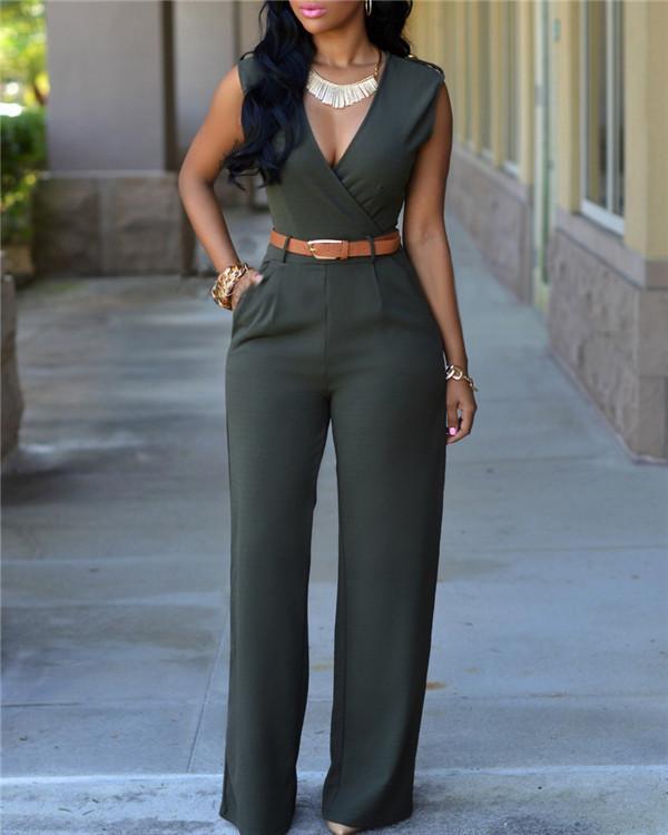 V Neck Solid Casual Short Sleeve Jumpsuits