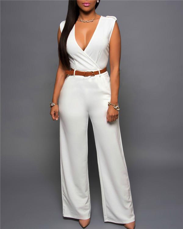 V Neck Solid Casual Short Sleeve Jumpsuits