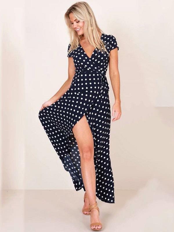 Polka Dot Low Cut Short Sleeve Long Skirt Dresses