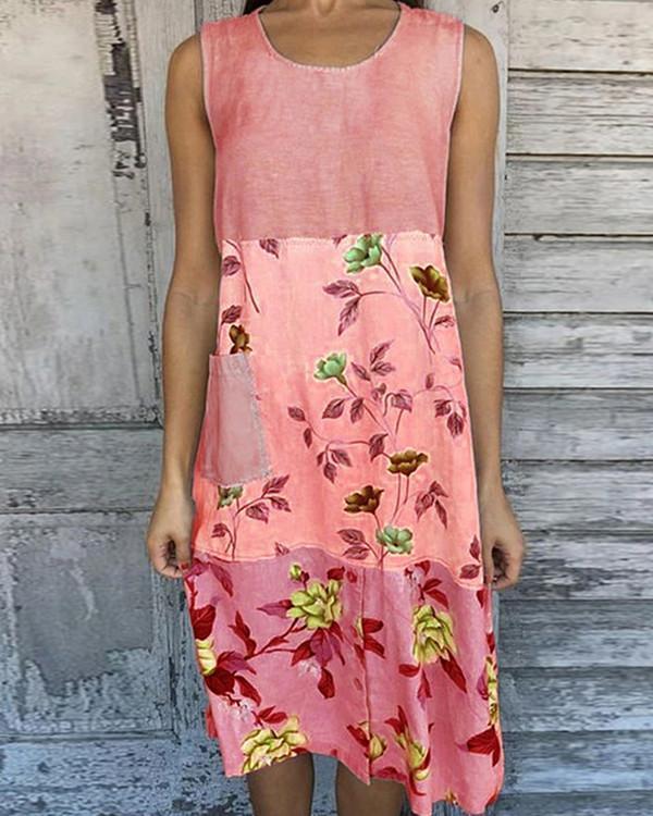 Color-block Floral Print Sleeveless Paneled Vintage Midi Dress