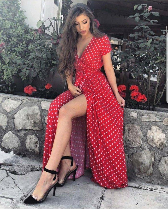 Polka Dot Low Cut Short Sleeve Long Skirt Dresses