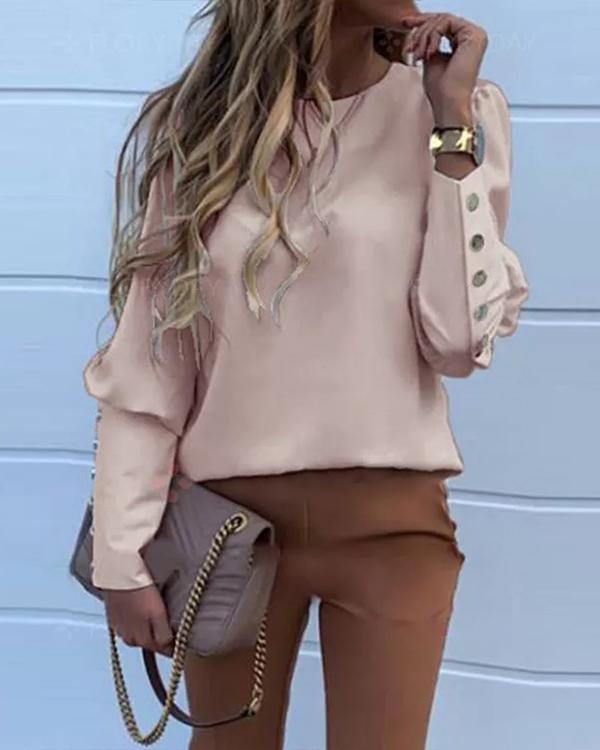 Solid Casual Round Neckline Long Sleeve Blouses