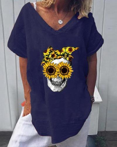 Skull Floral Print Casual V-Neckline Short Sleeve Blouses