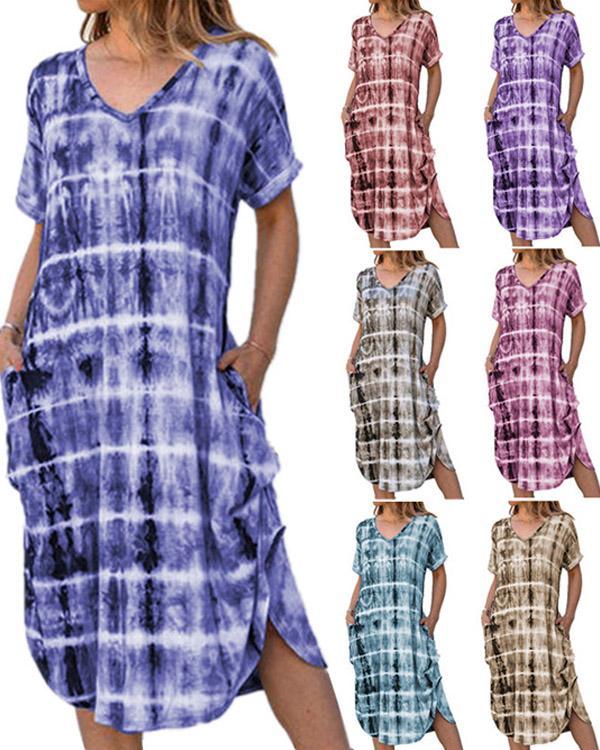 Summer Short Sleeve Plaid Print Loose Dress