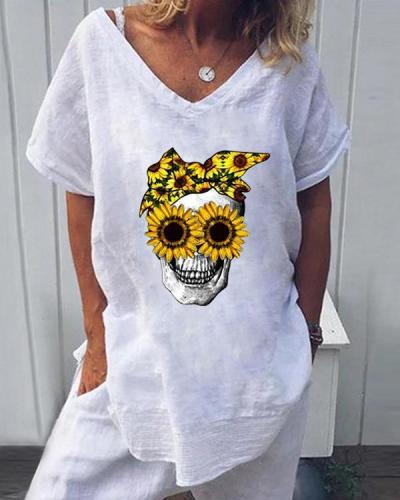 Skull Floral Print Casual V-Neckline Short Sleeve Blouses