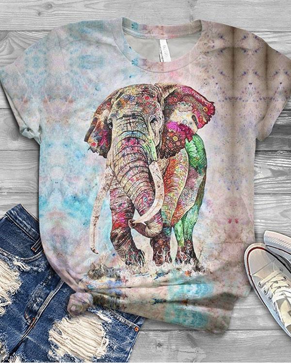 Elephant Printed Casual Crew Neck Cotton-Blend Shirts & Tops