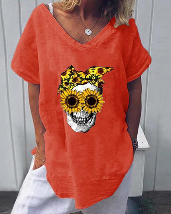 Skull Floral Print Casual V-Neckline Short Sleeve Blouses