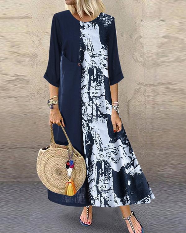 Vintage Crew  Neck Summer Long Sleeve Printed Long Sleeve  Maxi Dresses