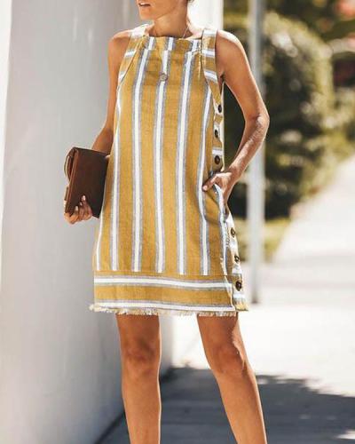 Summer Sleeveless Vacation Striped Button Mini Dress