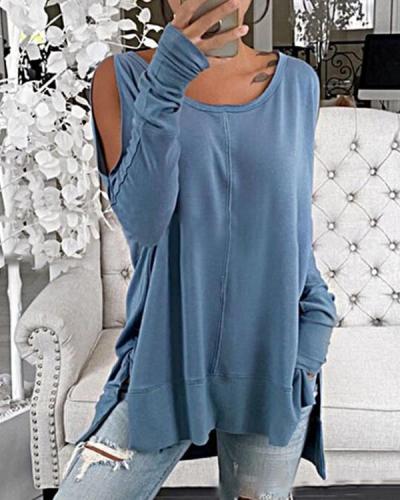 Solid Cold Shoulder Long Sleeves Casual T-shirts