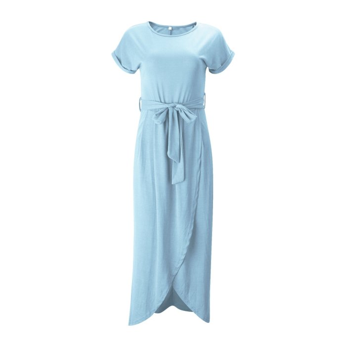 Solid Color Split-front Round-neck Maxi Dress
