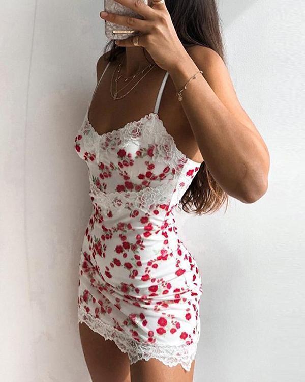 Women's Sexy Sling Print Lace Decor Mini Dress