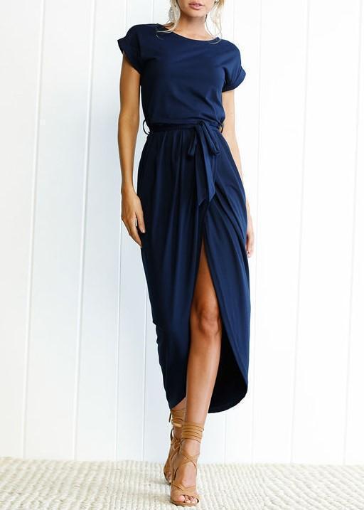 Solid Color Split-front Round-neck Maxi Dress