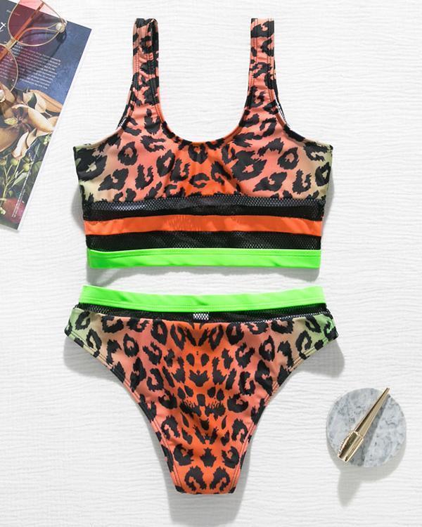 Sexy Orange Leopard Stitching Split Bikini Swimwear