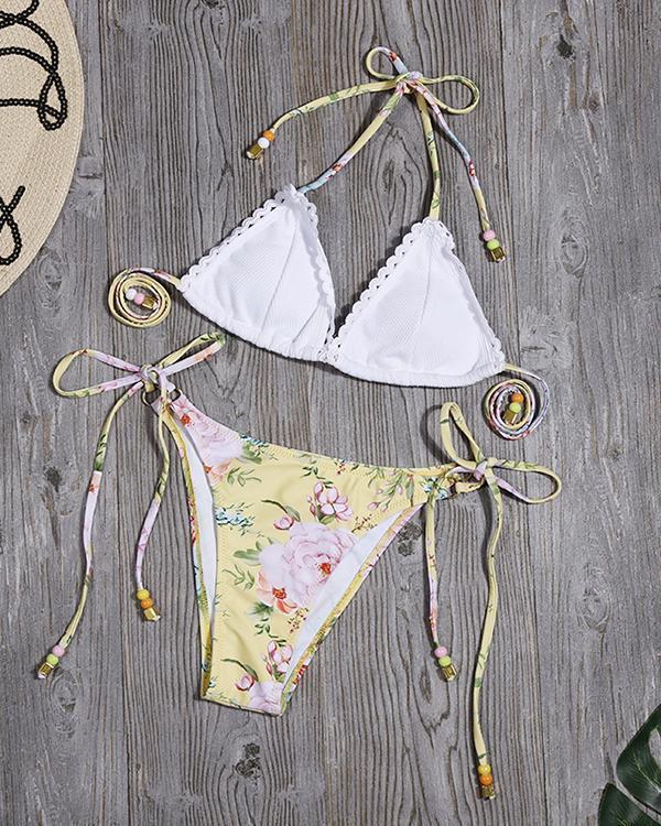 Printed Lace-up Bikini Split Swimsuit