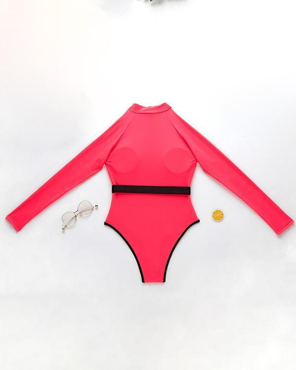 Long Sleeve Zipper One Piece Bathing Suit Swimwear