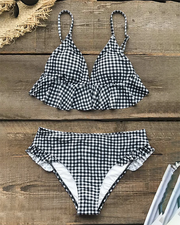 Sexy Plaid Bikini Ruffle Swimsuit