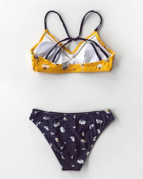 Yellow and Black Floral Bikini Sets Sexy V-neck Padded Swimsuit