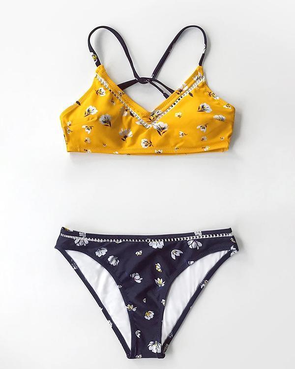 Yellow and Black Floral Bikini Sets Sexy V-neck Padded Swimsuit