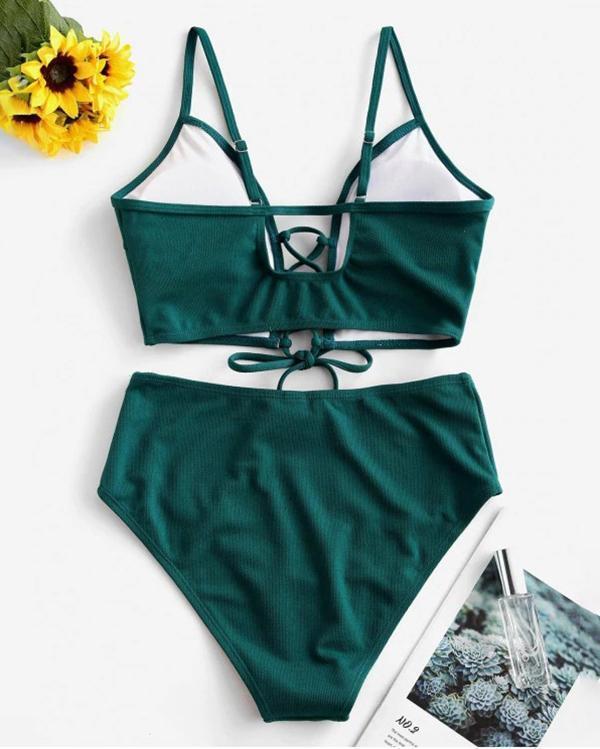 Lace-up Floral Leaf Tankini Swimsuit