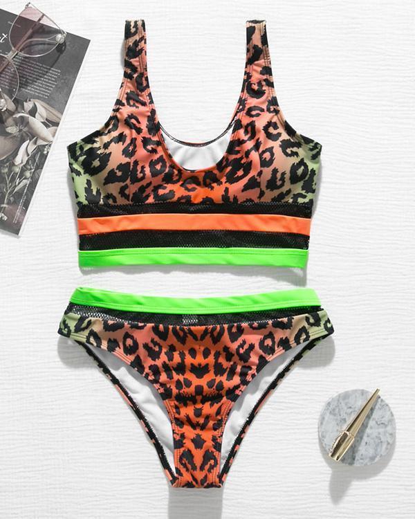 Sexy Orange Leopard Stitching Split Bikini Swimwear