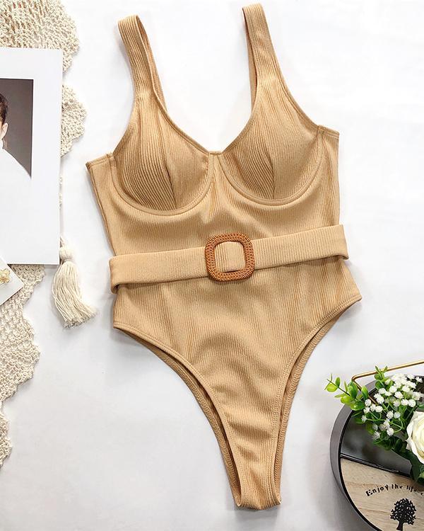Solid Thin Strap Ribbed One Piece Swimsuit